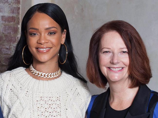 An unlikely partnership if we dare say of former Prime Minister Julia Gillard with Rihanna and Global Citizen's Australian founder Hugh Evans. Picture: Julia Gillard / Twitter