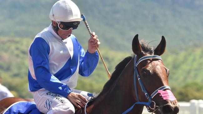 Finish of race two at Cluden. Dance Around (left) with jockey Scott Sheargold win race. Picture: Evan Morgan.