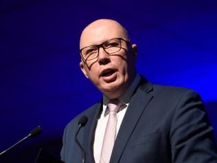 Federal Opposition Leader Peter Dutton addresses the Liberal Party State Council at Moonee Valley Racecourse. Picture: Andrew Henshaw