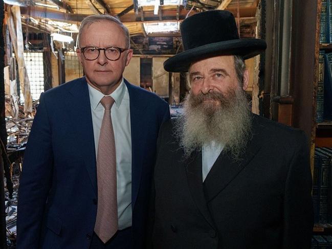 Prime Minister Anthony Albanese visits Adass Israel Synagogue in Ripponlea which was destroyed when fire bombed last week. Picture:  Instagram