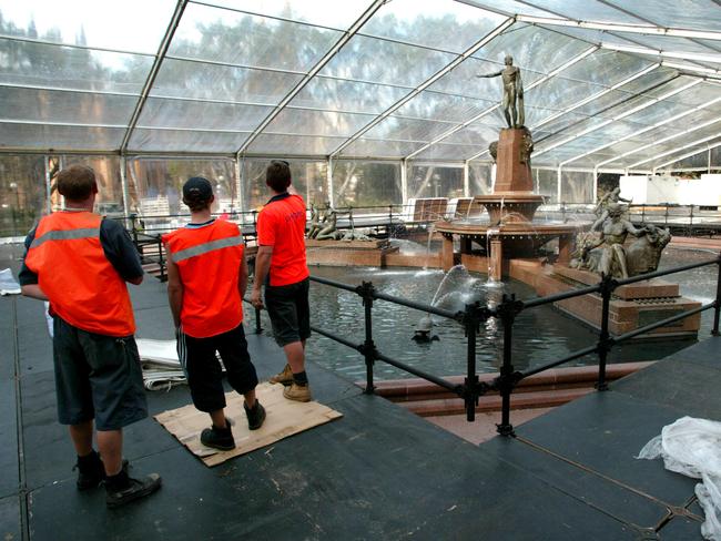 A temporary marquee over the Archibald Fountain in Sydney's Hyde Park for the Gold Dinner charity fundraiser. Picture: Lannon Harley