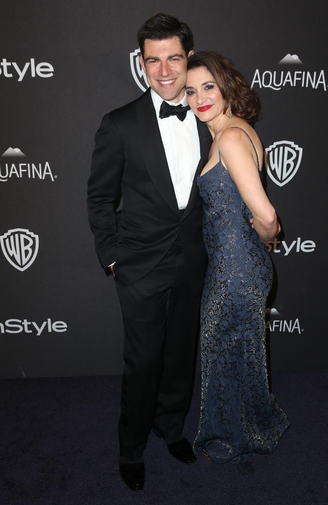 New Girl’s Max Greenfield and Tess Sanchez arrive at the InStyle and Warner Bros. Golden Globes afterparty. Picture: Matt Sayles/Invision/AP