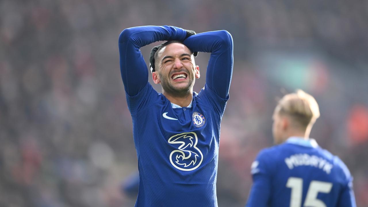 LIVERPOOL, ENGLAND - JANUARY 21: Hakim Ziyech of Chelsea reacts after a missed chance during the Premier League match between Liverpool FC and Chelsea FC at Anfield on January 21, 2023 in Liverpool, England. (Photo by Laurence Griffiths/Getty Images)