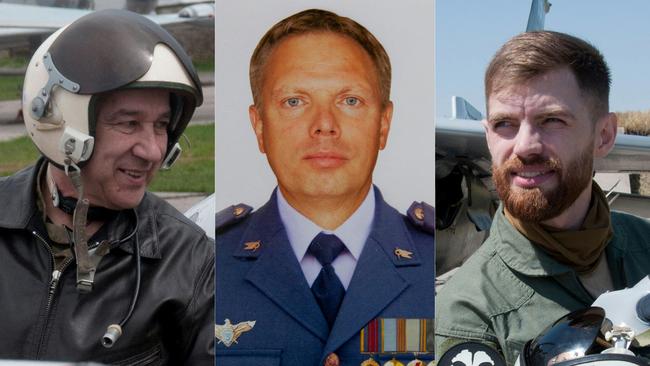 Ukrainian pilot Vyacheslav Minka, Sergiy Prokazin and Andrii Pilshchykov, better known by his call-sign ‘Juice’, who were killed in a mid-air collision involving two combat-training aircrafts on August 25, 2023. Picture: AFP/Handout /The 40th Tactical Aviation Brigade