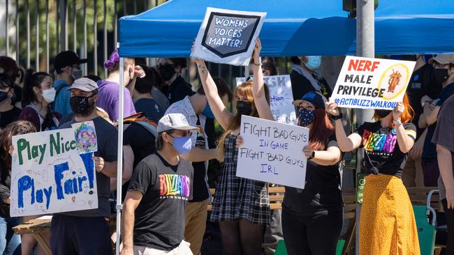 Employees of the video game company Activision Blizzard hold a walkout and protest rally last July to call for changes in conditions for women and other marginalised groups, in Irvine, California. Picture: AFP