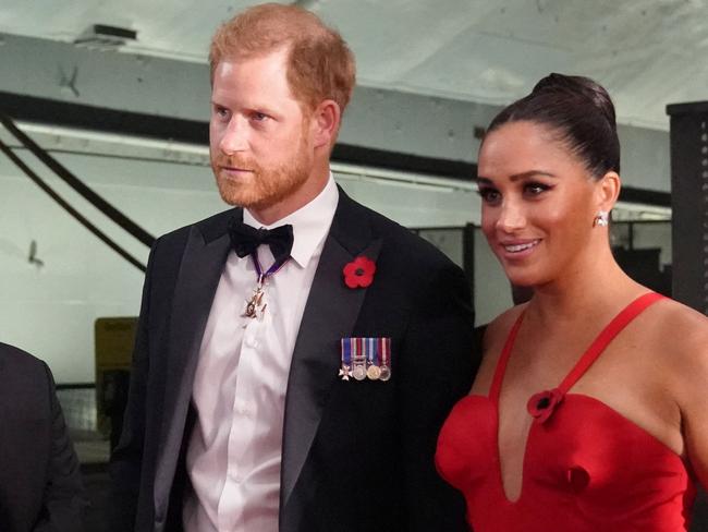 Britain's Prince Harry, Duke of Sussex and Meghan, Duchess of Sussex, arrive to the Intrepid, Sea Air &amp; Space Museum's inaugural Intrepid Valor Awards on November 10, 2021 in New York. (Photo by Bryan R. Smith / AFP)