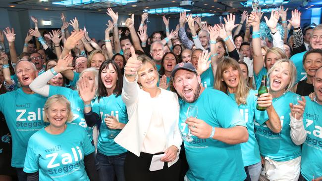 Zali Steggall pictured with her volunteers and staff at her after election party, Zali Steggall won the seat of Warringah in the 2019 Election, Novetel, Manly, Sydney, 18th May 2019. Picture by Damian Shaw