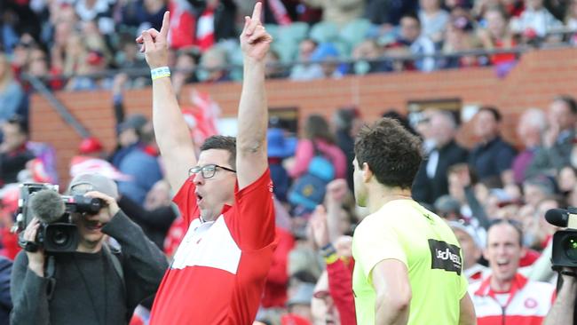 SANFL GRAND FINAL - Norwood versus North Adelaide. 23 September 2018. The coach Josh Carr celebrates at the siren.(AAP Image/Dean Martin)