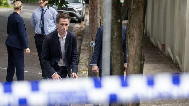 NSW Premier Chris Minis visits the scene of an anti-Semitic attack in Woollahra in December. Photo: Liam Mendes/The Australian