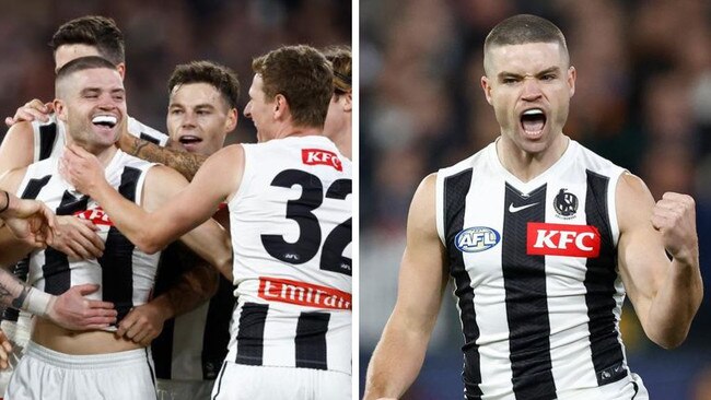 Lachie Sullivan surrounded after kicking his first goal. Photos: Getty Images