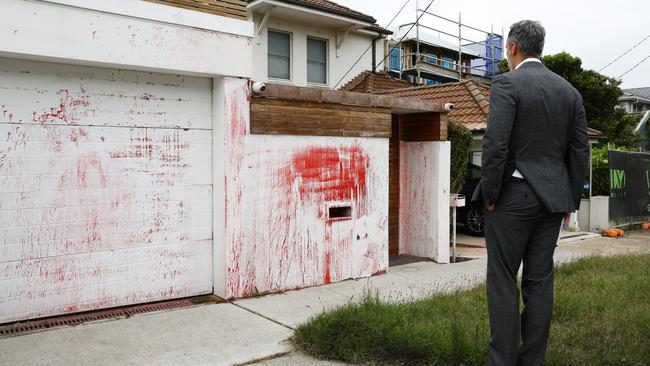 Executive Council of Australian Jewry co-CEO Alex Ryvchin outside his vandalised former home in Dover Heights, in Sydney’s east. Picture: Jonathan Ng