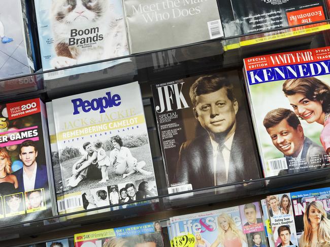 Magazines on a newsstand on Broadway in Manhattan commemorate the 50th anniversary of the death of JFK and Camelot.