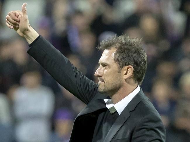 Tony Popovic celebrates after Perth Glory beat Adelaide United on penalties to reach the A-League grand final. Picture: AAP