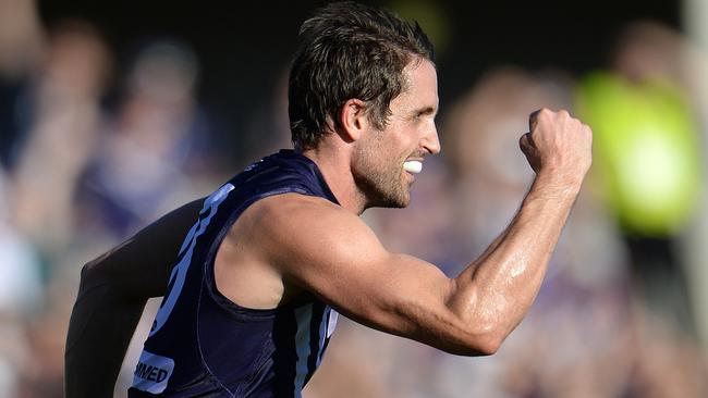 AFL Round 4 - Fremantle Dockers v Essendon Bombers, Patersons Stadium, Perth. Photo by Daniel Wilkins. PICTURED - Fremantle's Luke McPharlin celebrates a goal in the third term.