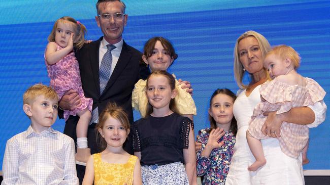 NSW Premier Dominic Perrottet with his wife Helen and their seven children at the Liberal campaign launch. Picture: NCA NewsWire / Monique Harmer