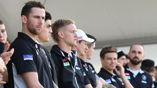 Jeremy Howe (left) at Collingwood’s fan day at Olympic Park Oval. Pic: AAP