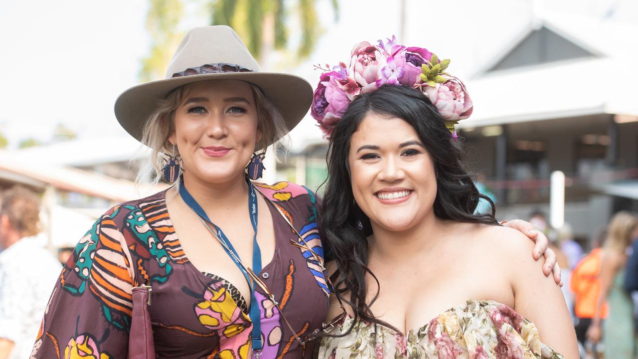 Connie Marcroft and Thanh Thanh Thai enjoy all the glitz and glamour from the 2020 Great Northern Darwin Cup Carnival. Picture: Che Chorley