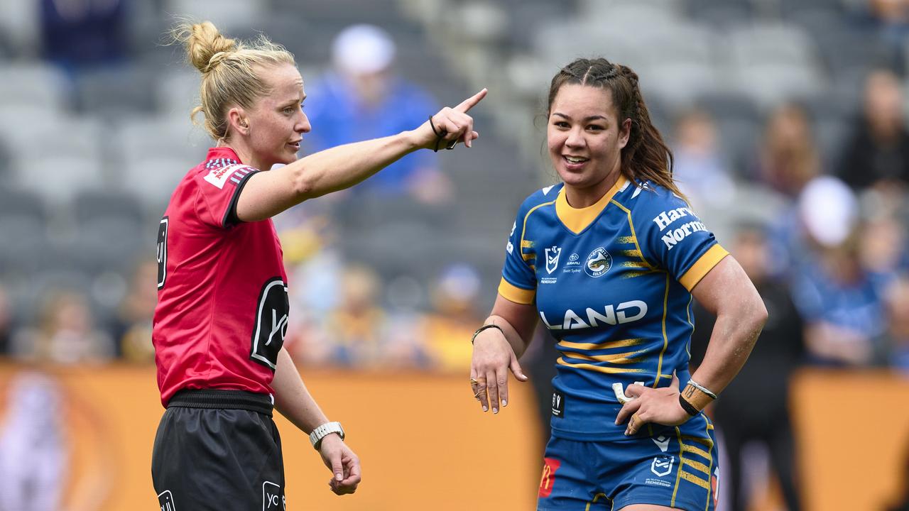 SYDNEY, AUSTRALIA - AUGUST 06: Kennedy Cherrington of the Eels is sent off for a tackle on Laishon Albert-Jones of the Knights during the round three NRLW match between Parramatta Eels and Newcastle Knights at CommBank Stadium, on August 06, 2023, in Sydney, Australia. (Photo by Brett Hemmings/Getty Images)