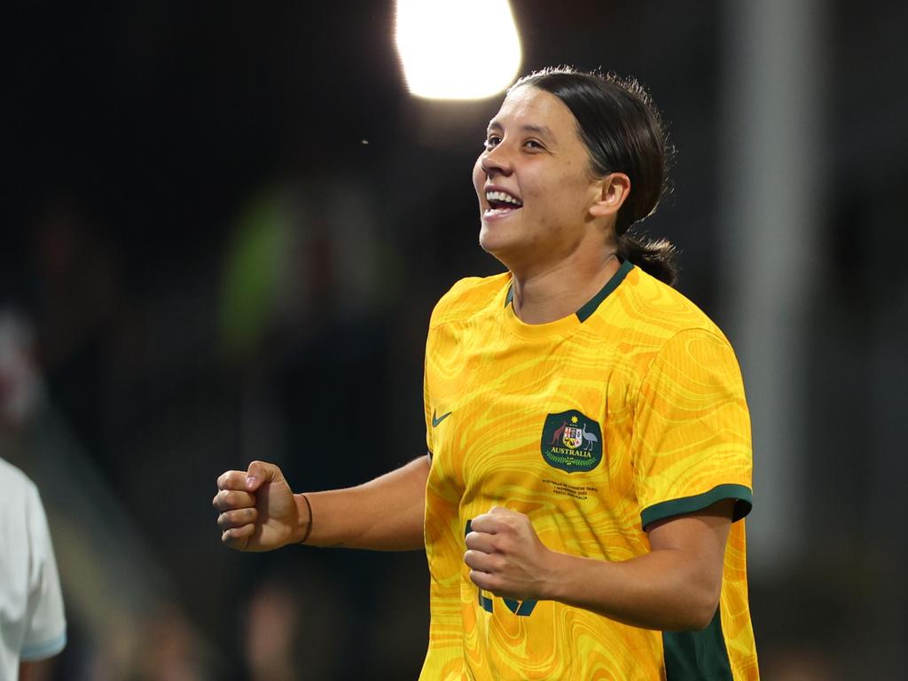 PERTH, AUSTRALIA - NOVEMBER 01: Sam Kerr of the Matildas celebrates her goal during the AFC Women's Asian Olympic Qualifier match between Australia Matildas and Chinese Taipei at HBF Park on November 01, 2023 in Perth, Australia. (Photo by James Worsfold/Getty Images)
