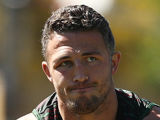 SYDNEY, AUSTRALIA - SEPTEMBER 24: Sam Burgess passes during a South Sydney Rabbitohs NRL training session at Redfern Oval on September 24, 2019 in Sydney, Australia. (Photo by Mark Metcalfe/Getty Images)