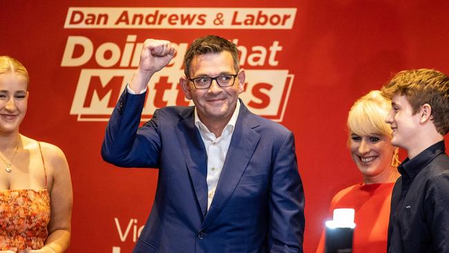 Dan Andrews celebrates winning the 2022 Victorian State Election. Picture: Jake Nowakowski