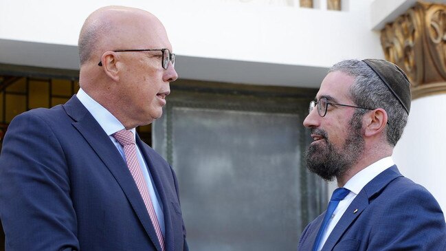 Peter Dutton and Rabbi Yaakov Glasman outside St Kilda Shule in Melbourne in April. Picture: NCA Newswire