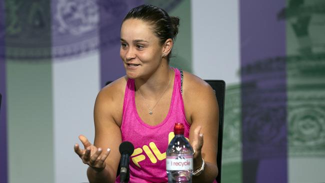 “The sun’s still going to come up tomorrow...” Ash Barty at the press conference after her fourth round Wimbledon loss to Alison Riske. Picture: AP