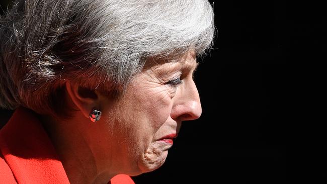 Theresa May sheds a tear as she announces her resignation as British Prime Minister outside 10 Downing Street London on Friday. Picture: Getty Images