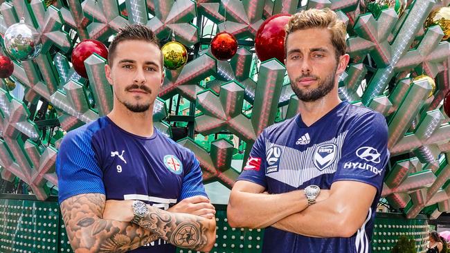 Jamie Maclaren, left, and Jakob Poulsen face off ahead of the Melbourne derby