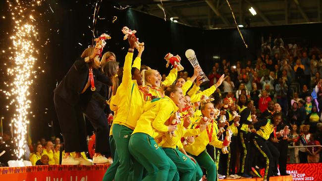 Australia celebrate winning the 2023 Netball World Cup in Cape Town, South Africa. Picture: Ziyaad Douglas/Gallo Images/Netball World Cup 2023