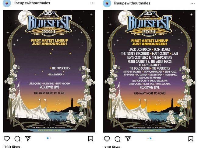 Instagram account “@LineupsWithoutMaless” compares the male and female performers in Bluesfest’s first line-up announcement.