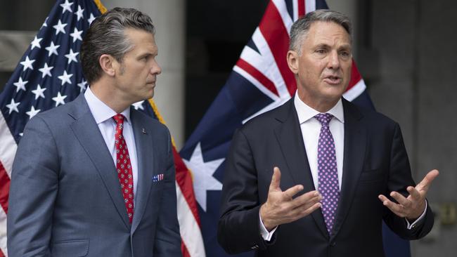 US Defence Secretary Pete Hegseth, left, and Defence Minister Richard Marles in Singapore on Sunday. Picture: US Department of Defence