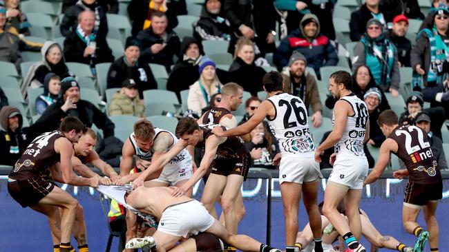 It got heated between the Hawks and Power. Picture: Getty Images