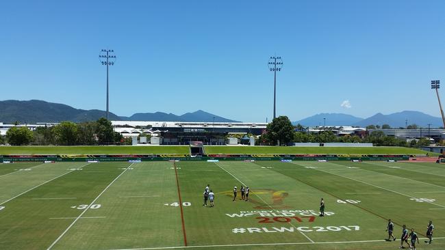 Officials inspect Barlow Park ahead of the Rugby League World Cup double header. Picture: Jacob Grams