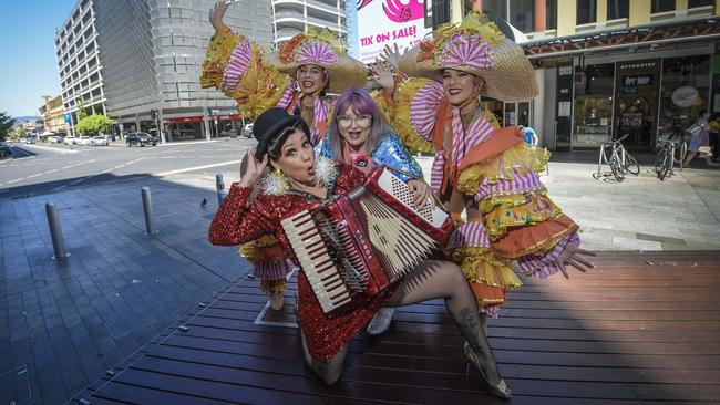 Heather Croall, centre, with Fringe artists Manuela Cokara and Elleshia Robinson-Prince from Frolic &amp; Follies, and Victoria Falconer, front, from Smashed. Picture: Roy VanDerVegt.