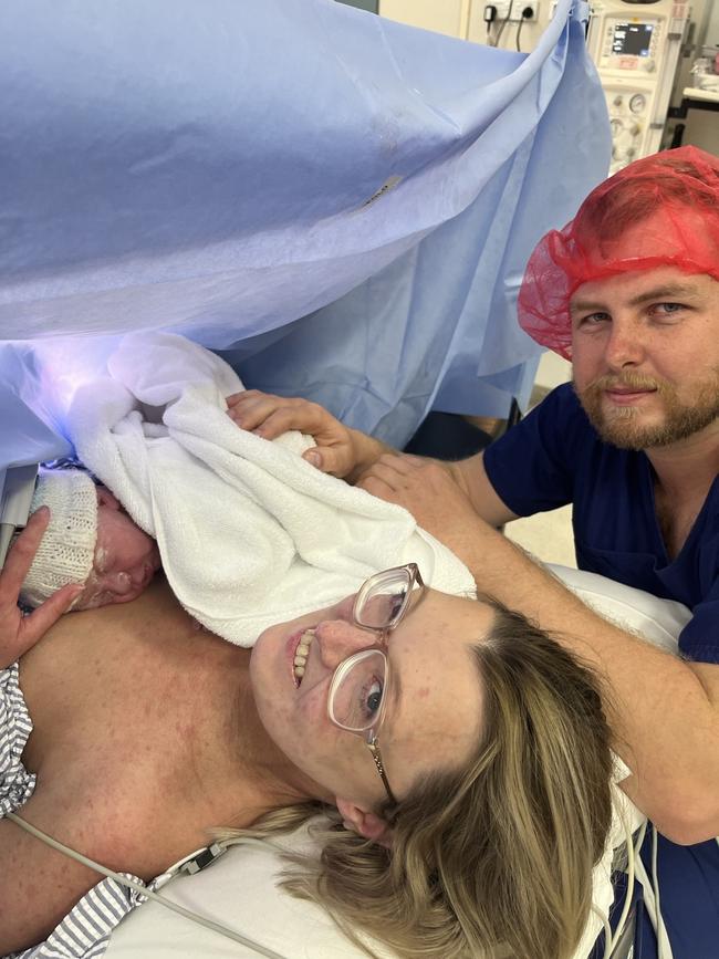 Alysha Gleeson and partner Brodie with their newborn son at Hobart Private in 2024. Picture: Alysha Gleeson.