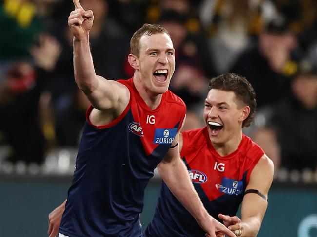 MELBOURNE, AUSTRALIA - July 30 , 2023. AFL . Harrison Petty of the Demons celebrates goal number 6 in the 4th quarter during the round 20 match between Richmond and Melbourne at MCG on July 30, 2023, in Melbourne, Australia. Photo by Michael Klein.