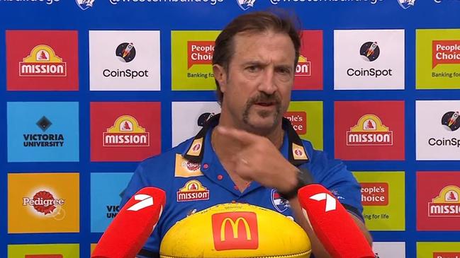 Luke Beveridge during his post-match press conference tirade. Picture: Twitter