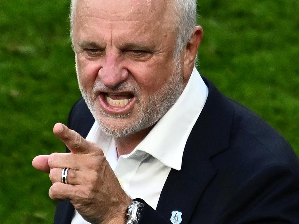 Australia's coach Graham Arnold gestures during the game against Tunisia. Picture: AFP