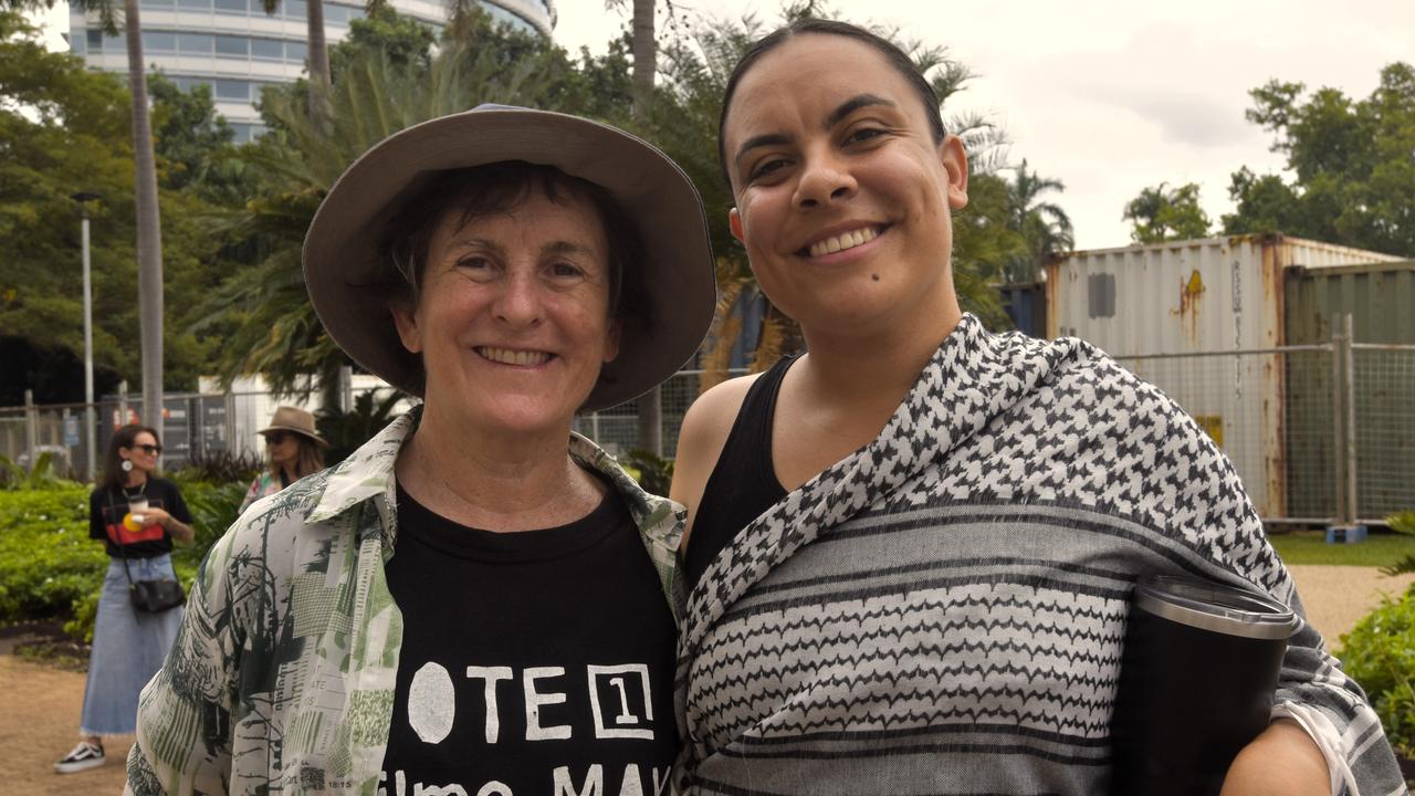 Sarah Kell and Mililma May at the Darwin No More Violence rally at Parliament House, 2024. Picture: Sierra Haigh