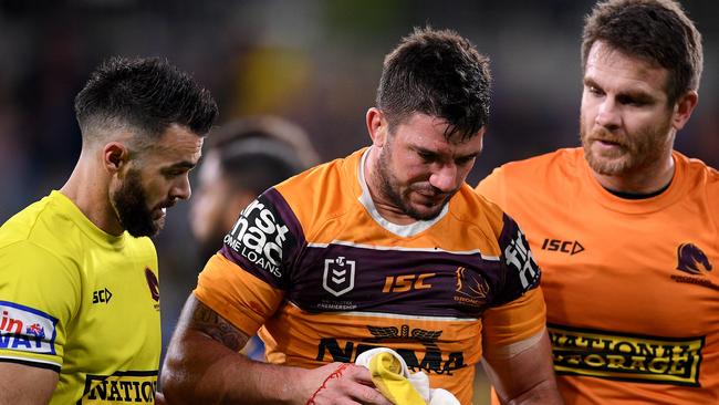 Matt Gillett of the Broncos leaves the field for a HIA during the Round 14 NRL match between the Parramatta Eels and the Brisbane Broncos at Bankwest Stadium in Sydney, Saturday, June 15, 2019. (AAP Image/Dan Himbrechts) NO ARCHIVING, EDITORIAL USE ONLY