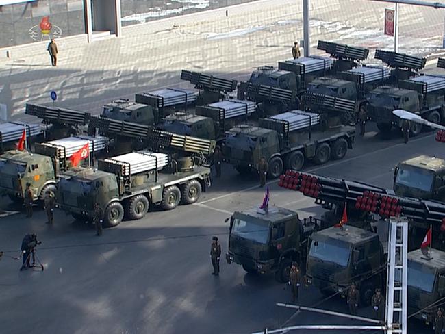 This year’s parade featured plenty of weapons, many of which experts have seen before. Picture: KCNA/AFP