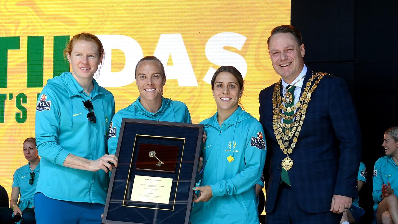 The Matildas were also presented with the keys to the city of Brisbane. (Photo by Bradley Kanaris/Getty Images)