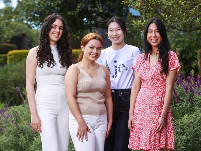 High-performing Ravenswood IB students Claudia Zybenko (44/45), Oriana Allen, Kayleigh Li (45/45), and Paris Lay-Yee. Picture: Justin Lloyd