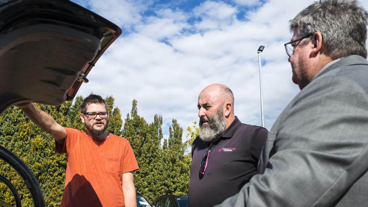 GENEROUS GIFT: Picking up his Cheap Cars Toowoomba donation, a 2001 Holden Astra, is Brendon McGurgan, with Cheap Cars Toowoomba manager Les Hollist (centre) and Lifeline Darling Downs CEO Derek Tuffield. Picture: Kevin Farmer