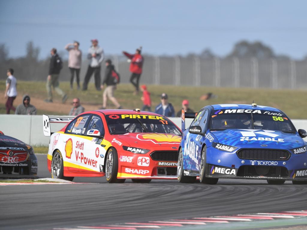 Richie Stanaway from Tickford Racing, right, rounds a turn at The Bend on Sunday. Picture: AAP Image/David Mariuz