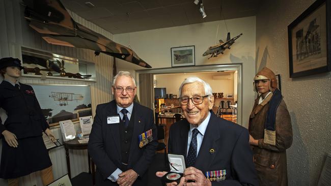 Brian Winspear (WW2 RAAF veteran) and RAAF Association State President Alan Robertson at the RAAF Association Building, Hobart. Picture Chris Kidd