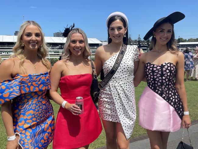 Emily, Lizzie, Ellie and Caitlin at the 2024 Oaks Day. Picture: Himangi Singh.