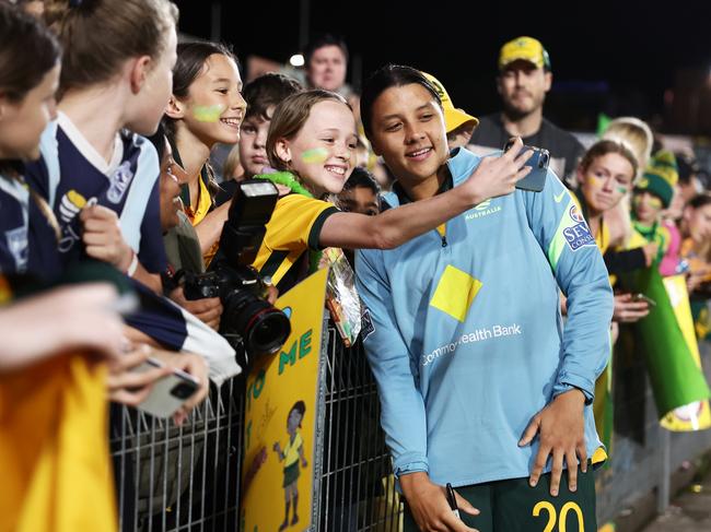 GOSFORD, AUSTRALIA - NOVEMBER 15: Sam Kerr of the Matildas interacts with fans after the International Friendly match between the Australia Matildas and Thailand at Central Coast Stadium on November 15, 2022 in Gosford, Australia. (Photo by Matt King/Getty Images)