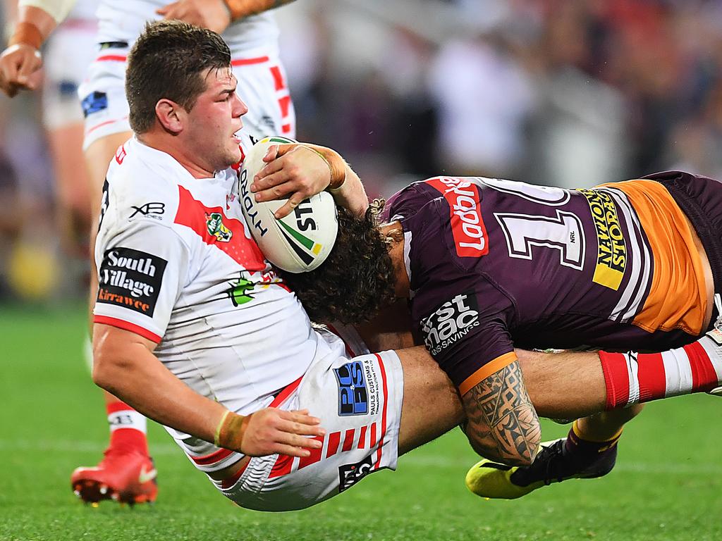 BRISBANE, AUSTRALIA - SEPTEMBER 09:  Blake Lawrie of the Dragons is tackled during the NRL Elimination Final match between the Brisbane Broncos and the St George Illawarra Dragons at Suncorp Stadium on September 9, 2018 in Brisbane, Australia.  (Photo by Albert Perez/Getty Images)